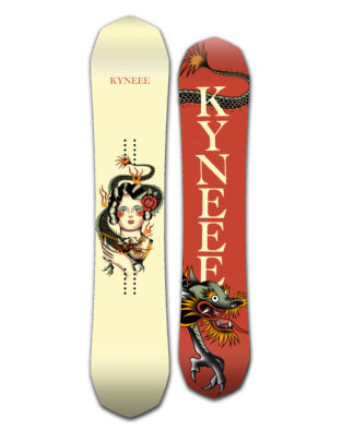 This is a picture of kyneee's womens performance snowboard the vamp. It has a cream top with red based featuring a traditional tattoo inspired design.