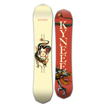 This is a picture of kyneee's womens performance snowboard the vamp. It has a cream top with red based featuring a traditional tattoo inspired design.