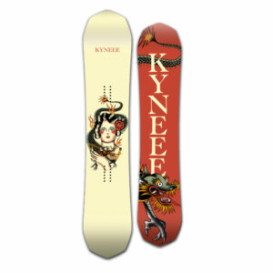 This is a picture of kyneee's womens performance snowboard the vamp. It has a cream top with red based featuring a traditional tattoo inspired design.